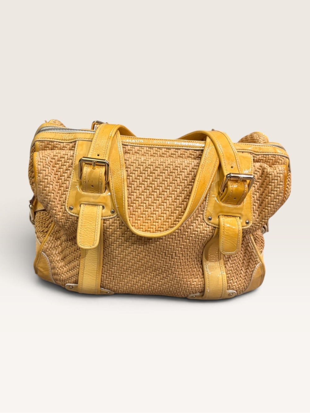 Bally Woven Straw Raffia Satchel Handbag Yellow Leather Trim Top Handle Bag